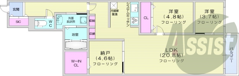 2SLDK、エアコン、都市ガス、システムキッチン