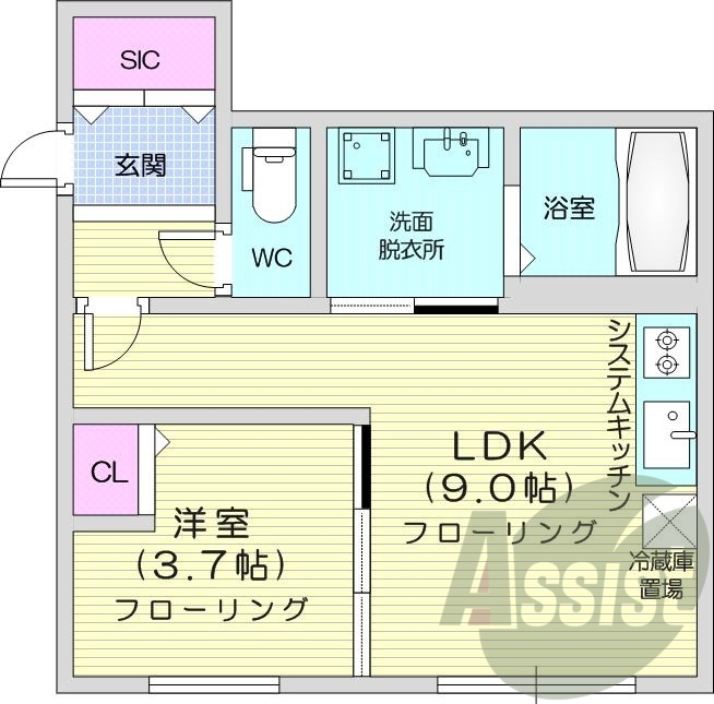 1LDK、エアコン、都市ガス、システムキッチン