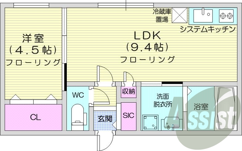 1LDK、エアコン、都市ガス、システムキッチン