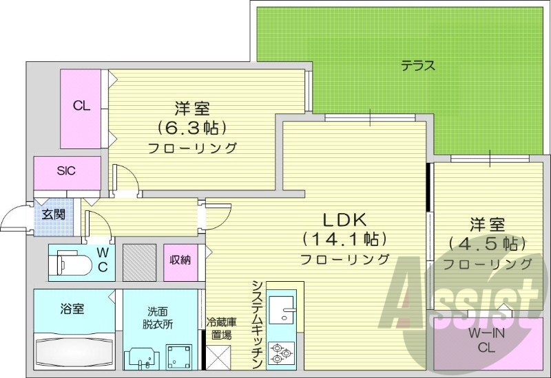 2LDK、エアコン、都市ガス、システムキッチン
