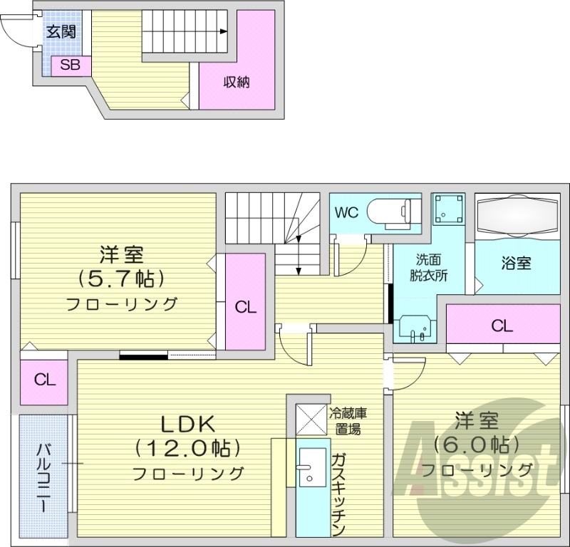 2LDK、エアコン、追い焚き、浴室乾燥、モニターホン