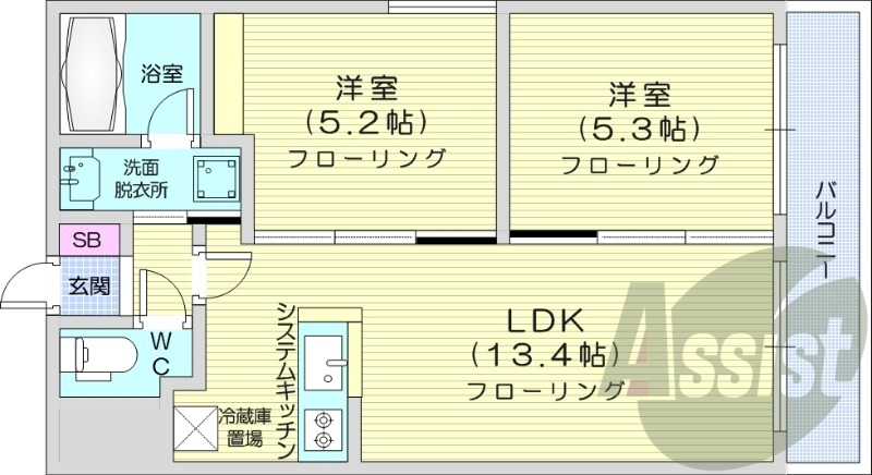 2LDK、エアコン、ガス暖房、ネット無料