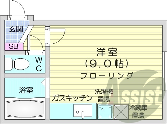 １R、シューズボックス、ガスキッチン、灯油暖房