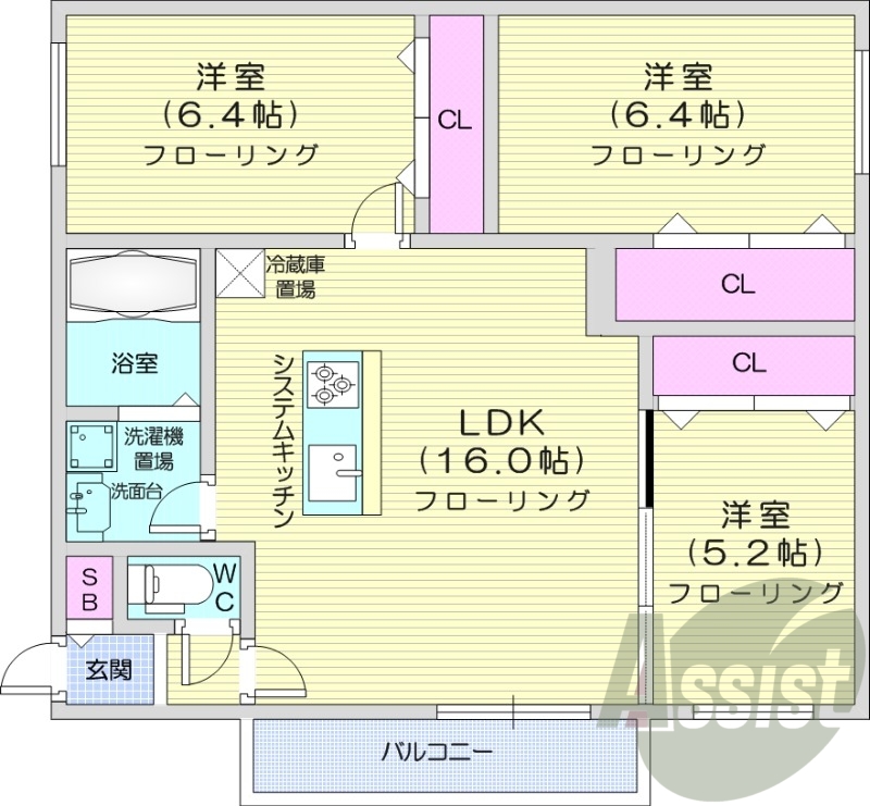 3LDK、都市ガス、ネット無料、システムキッチン
