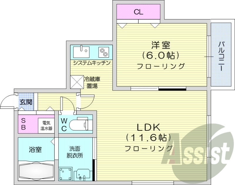 1LDK、エアコン、灯油暖房、独立洗面台