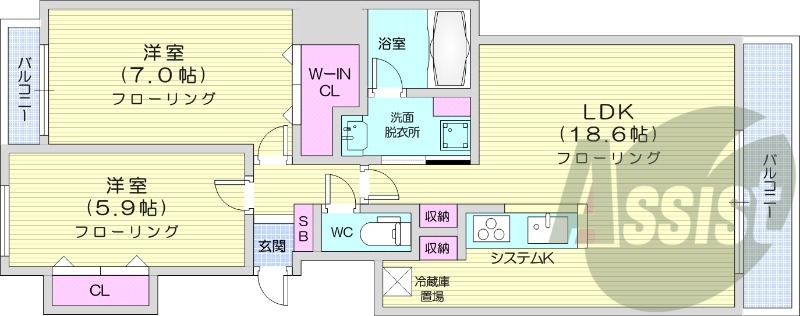 2LDK、システムキッチン、都市ガス、ネット無料