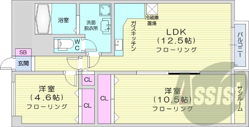 2LDK、エアコン、独立洗面台、オートロック