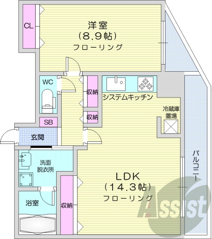 1LDK、都市ガス、オートロック、システムキッチン