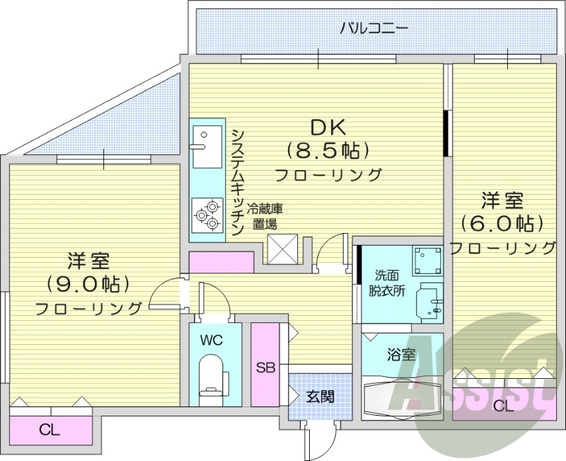 2LDK、都市ガス、オートロック、システムキッチン