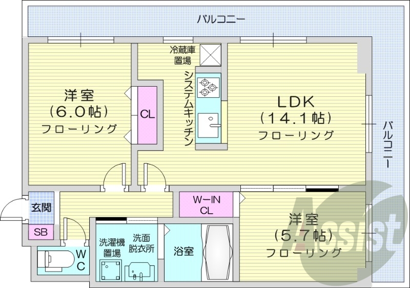 2LDK、システムキッチン、光ファイバー、宅配ボックス
