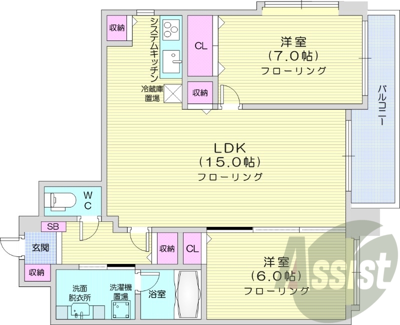 2LDK、収納、洗濯機置場、エアコン、バストイレ別