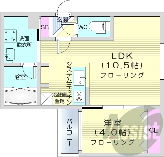 1LDK、エアコン、システムキッチン、宅配ボックス