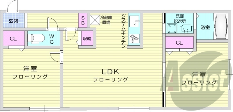 2LDK、エアコン、都市ガス、システムキッチン、独立洗面台