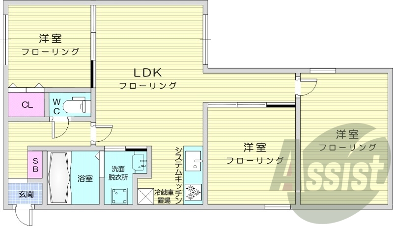 3LDK、エアコン、都市ガス、システムキッチン、独立洗面台