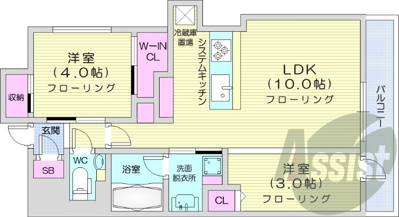2LDK、都市ガス、分譲、システムキッチン、追い焚き