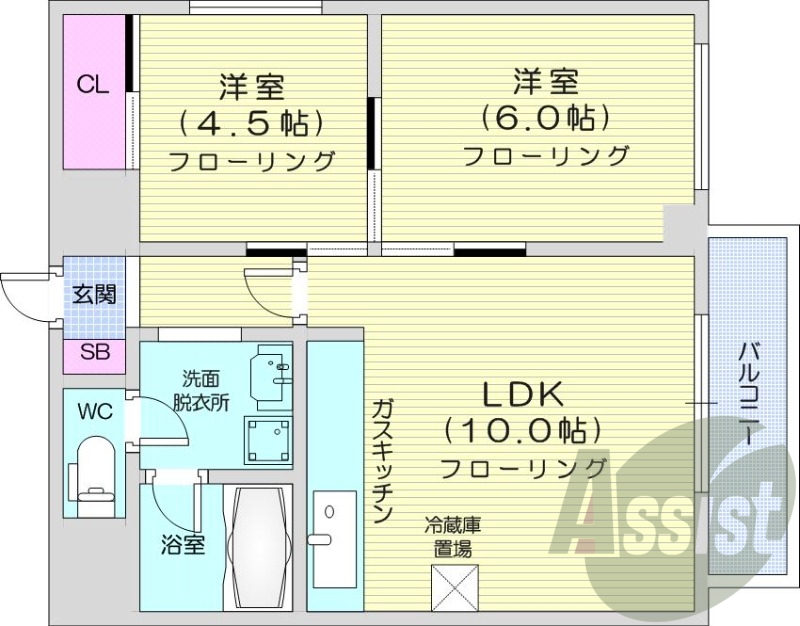 2LDK、バルコニー、独立洗面台