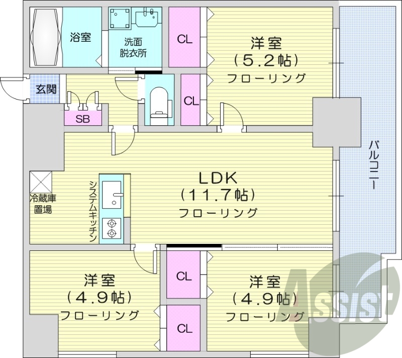 3LDK、オートロック、ネット無料、システムキッチン