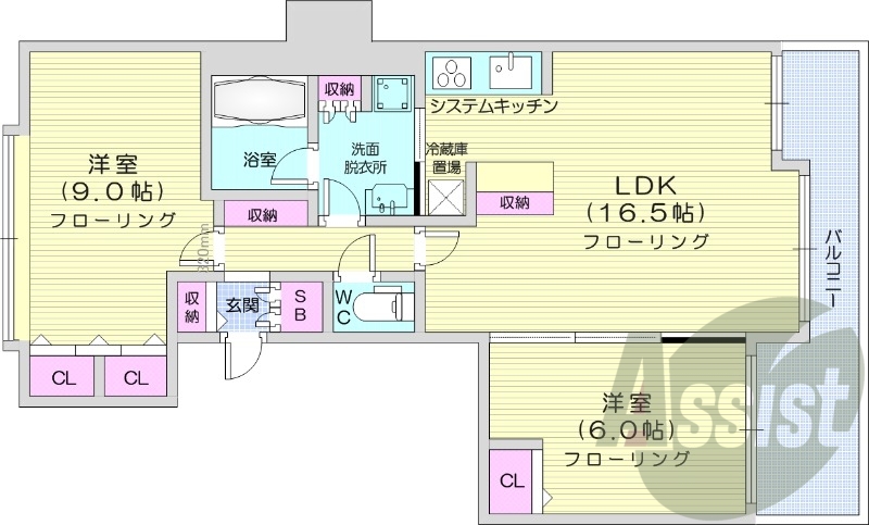 2LDK、システムキッチン、分譲、追い焚き、浴室乾燥機