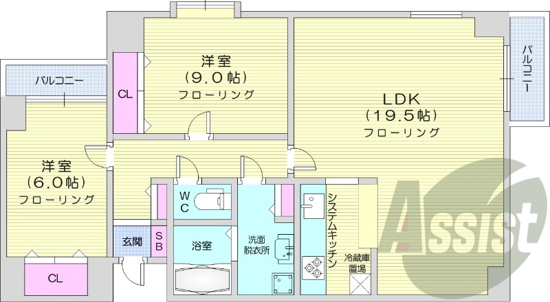 2LDK、都市ガス、角部屋、システムキッチン