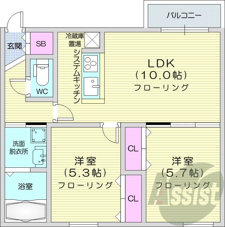 2LDK、都市ガス、エアコン、システムキッチン、