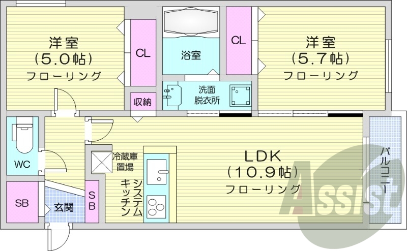 2LDK、都市ガス、エアコン、システムキッチン、