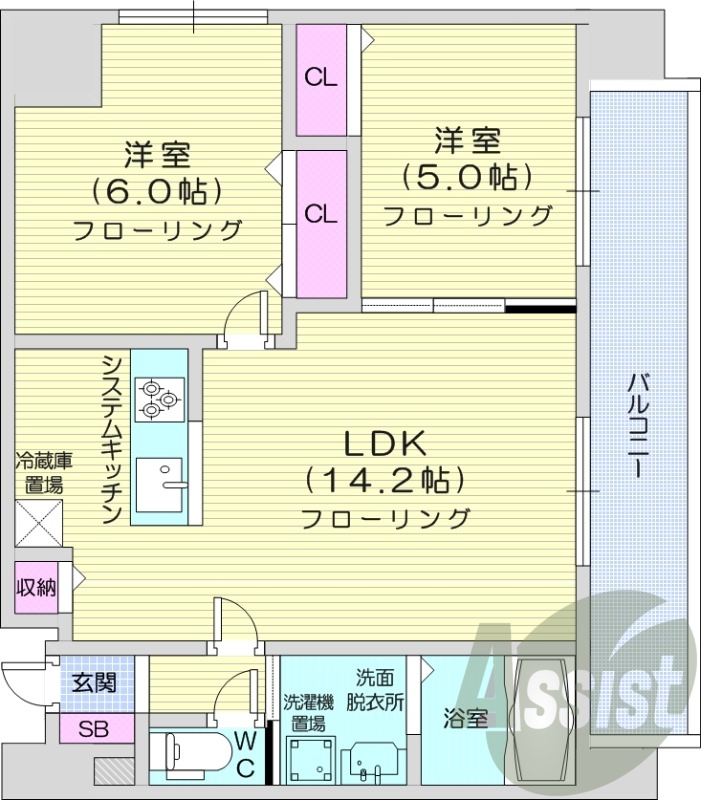2LDK、収納、洗濯機置場、暖房設備、都市ガス