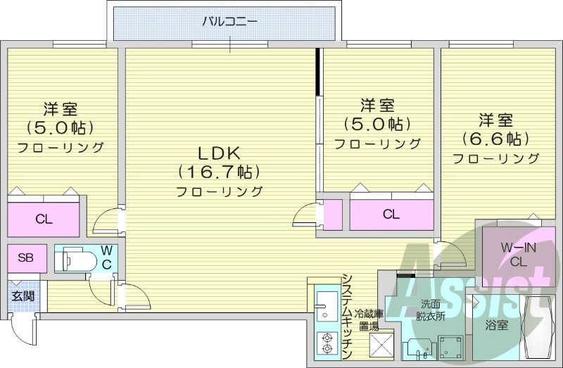 3LDK、都市ガス、バルコニー、エアコン