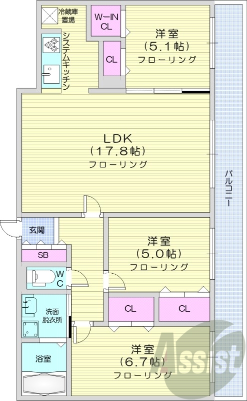 3LDK、都市ガス、エアコン、オートロック