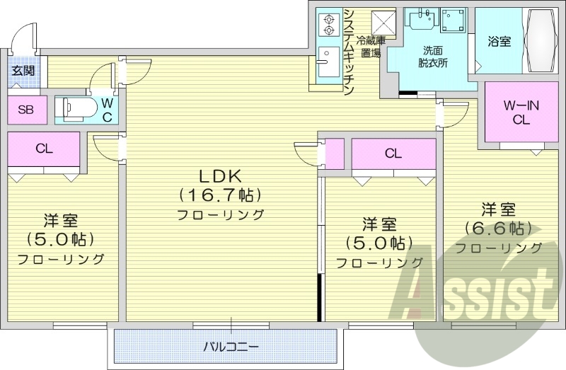 3LDK、エアコン、オートロック、バストイレ別