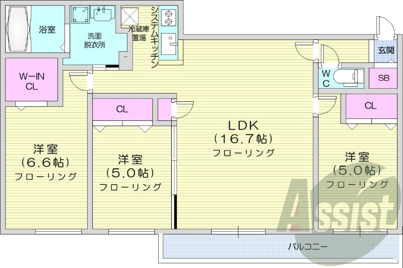 3LDK、都市ガス、バルコニー、エアコン