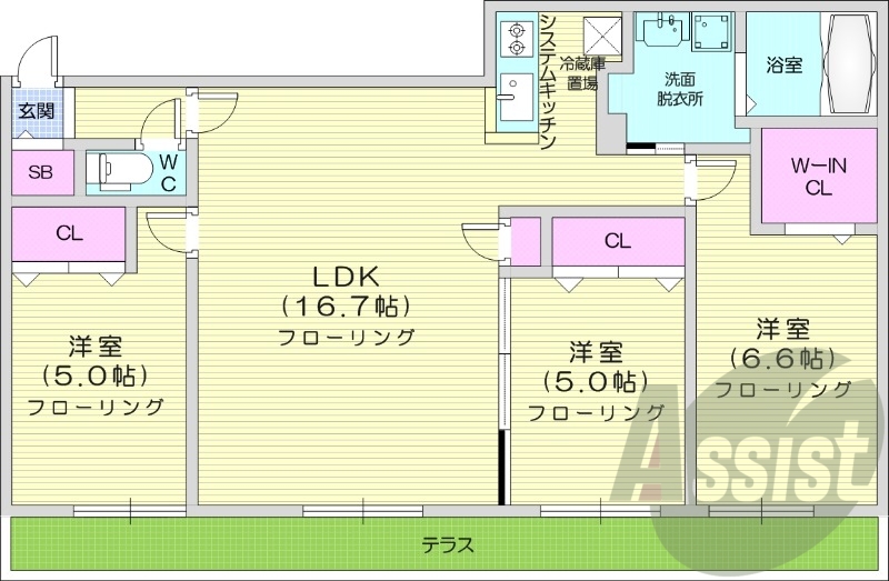 3LDK、エアコン、オートロック、バストイレ別