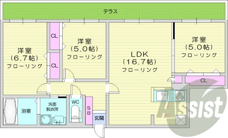3LDK、都市ガス、エアコン、独立洗面台