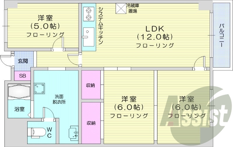 3LDK、エアコン、灯油暖房、ガスキッチン、オートロック