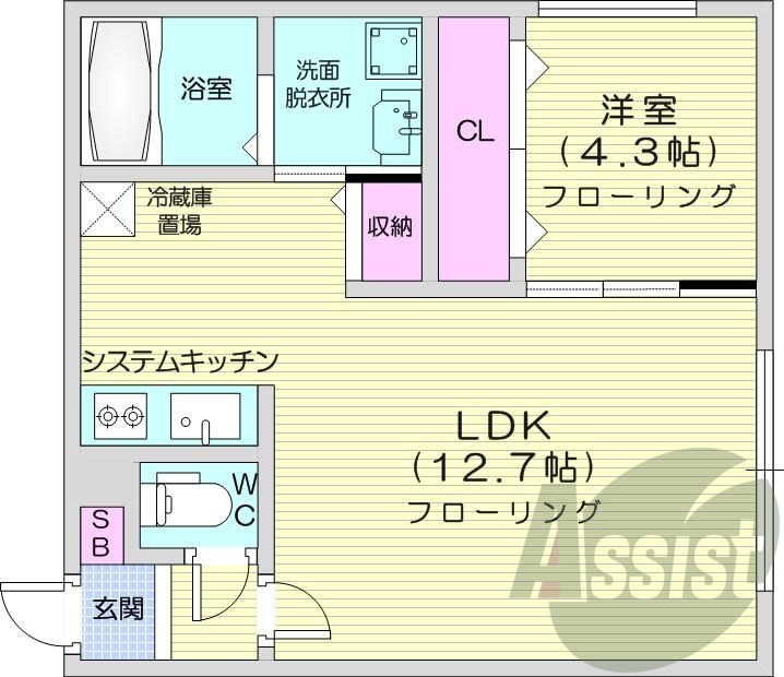 1LDK、エアコン、システムキッチン、浴室乾燥機