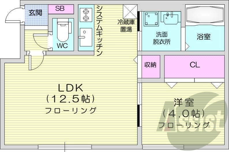 1LDK、エアコン、システムキッチン、浴室乾燥機