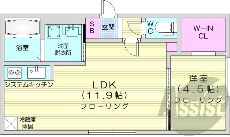 1LDK、エアコン、システムキッチン、浴室乾燥機