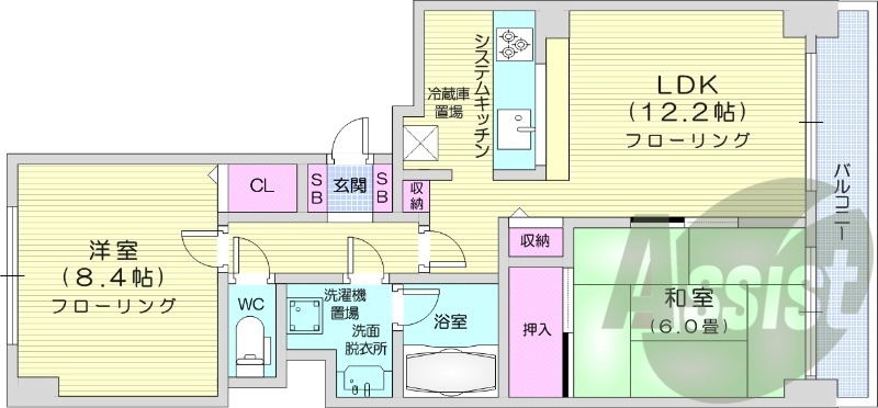 2LDK、クローゼット、洗面脱衣所、システムキッチン