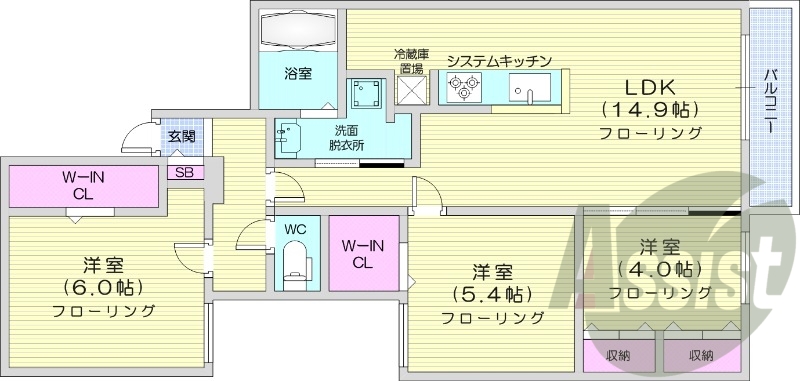 3LDK、都市ガス、エアコン、追い焚き、浴室乾燥機