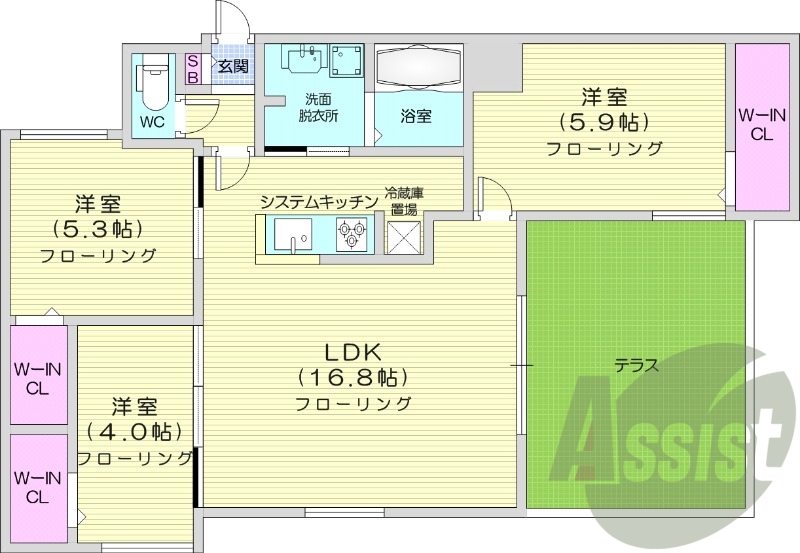 3LDK、都市ガス、エアコン、追い焚き、浴室乾燥機