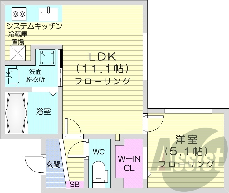 1LDK、エアコン、システムキッチン、ペット可