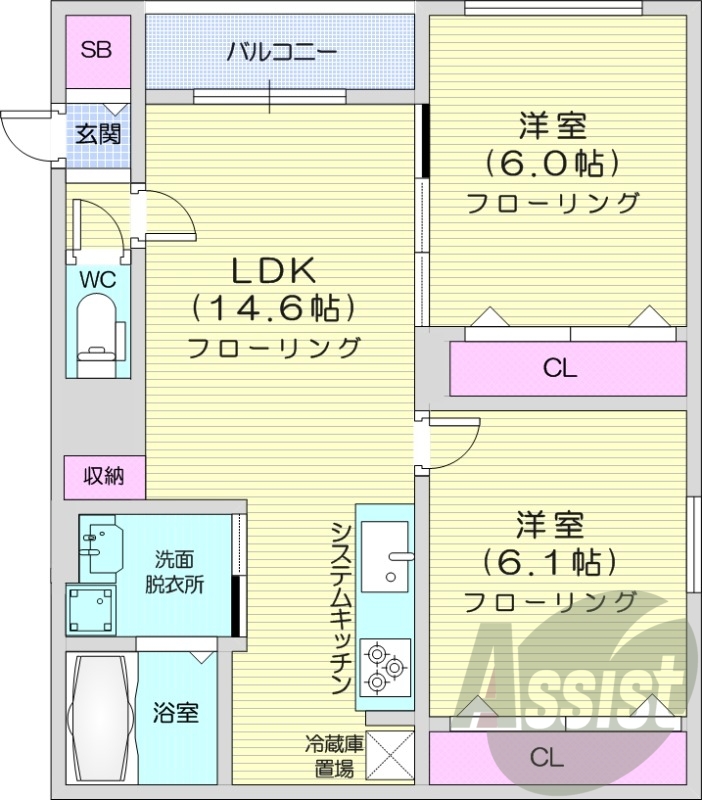 2LDK、エアコン、システムキッチン、追い焚き