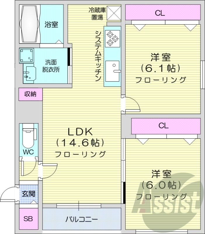 2LDK、エアコン、システムキッチン、追い焚き