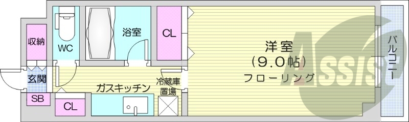 1K、オートロック、エアコン、バストイレ別、灯油FF暖房