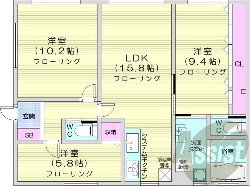 3LDK、システムキッチン、バストイレ別