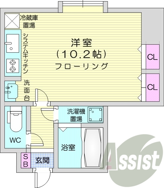 1R、都市ガス、独立洗面台、システムキッチン