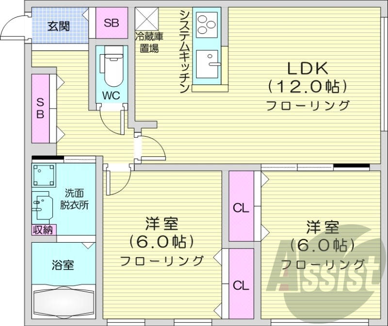 2LDK、角部屋、エアコン、浴室乾燥機、電気暖房