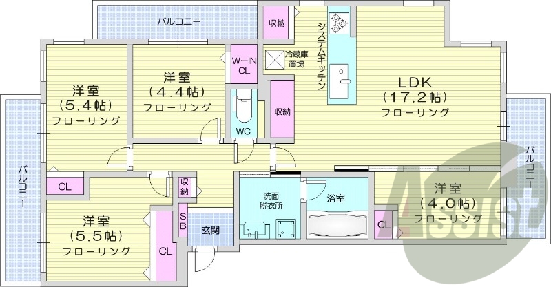 4LDK、分譲、システムキッチン、追い焚き、浴室乾燥機