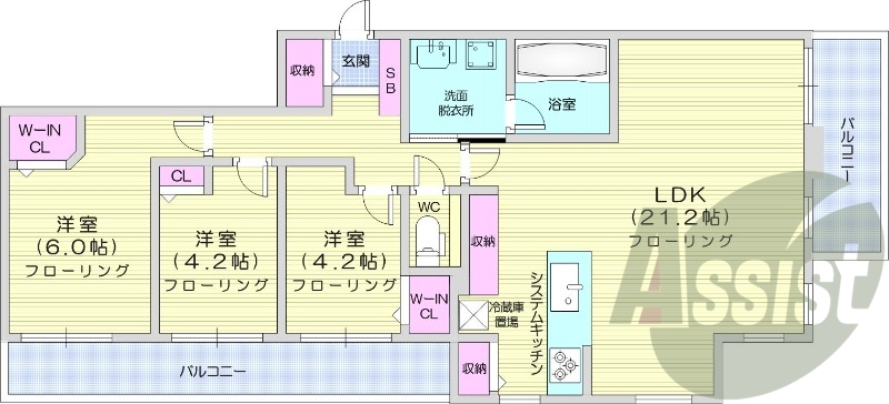 3LDK、分譲、システムキッチン、追い焚き、浴室乾燥機