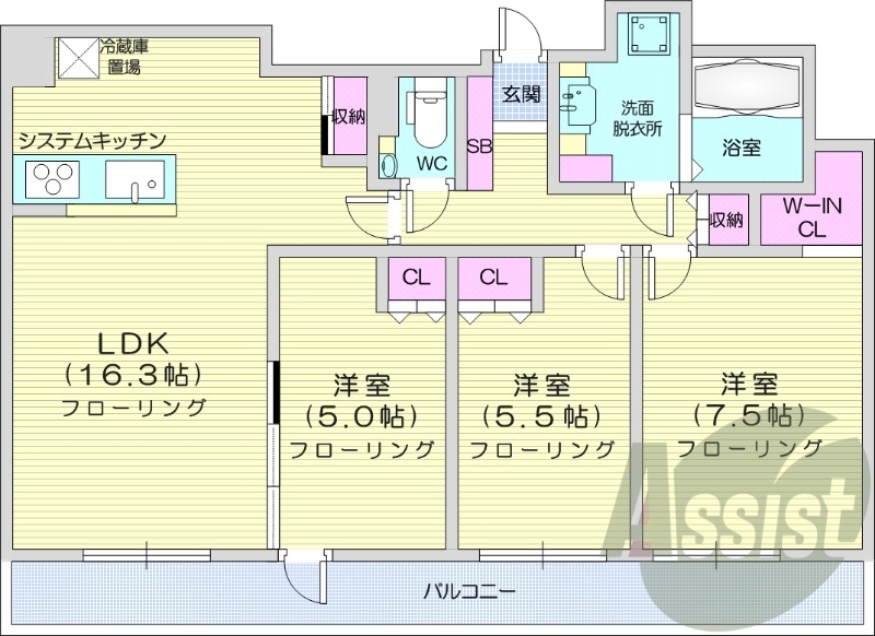 3LDK、都市ガス、システムキッチン、追い焚き、浴室乾燥機