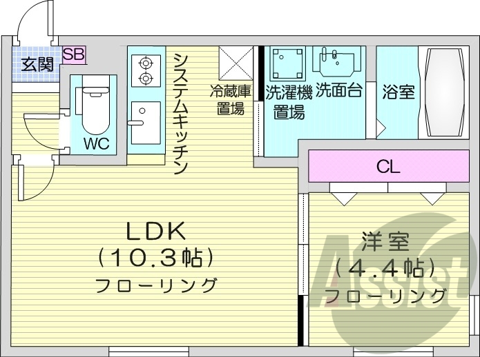 1LDK、都市ガス、バストイレ別、宅配ボックス、エアコン